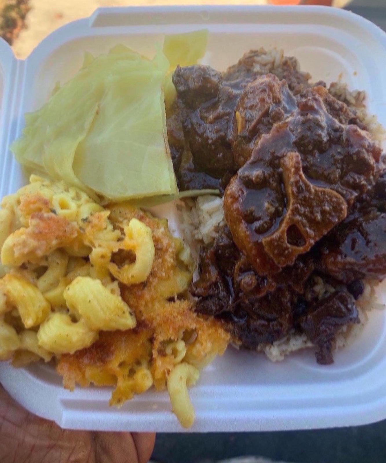 Oxtail meal with cabbage, mac and cheese, and rice