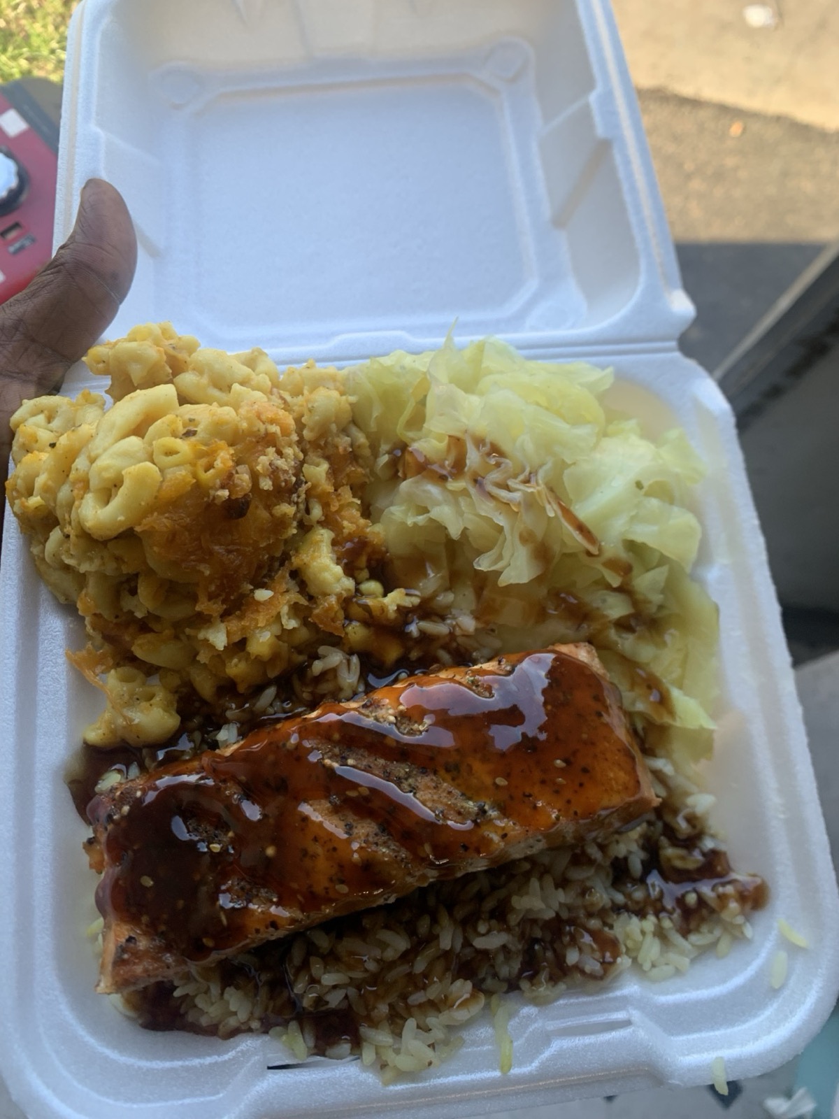 Salmon bowl with rice, cabbage, and mac and cheese